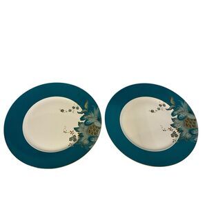 222 Fifth Eliza Teal and White Floral Dinner Plates. Set Of 2.  11” Round.